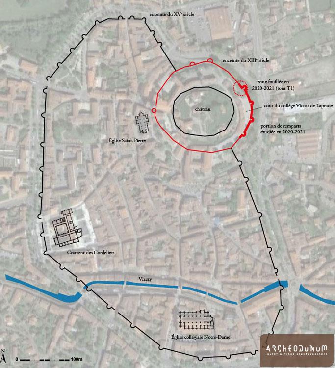 Plan général de Montbrison avec localisation de l'étude archéologique