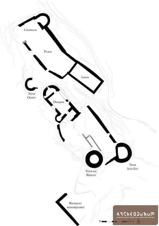 Mont-Lozère-et-Goulet - Plan du château du Tournel et localisation des différents corps de bâtiments